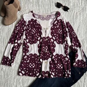 EUC!💕 Merona White & Burgundy Floral-Pattern Button Cardigan
